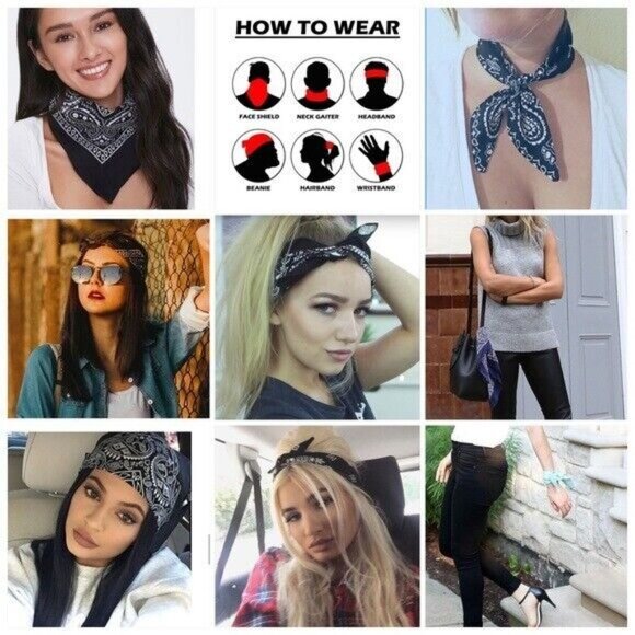 Bandanas Pack of 5 Black Paisley Classic Style Unisex Hair Wrist Accessory Biker - Picture 10 of 15